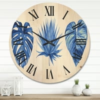 עיצוב 'עלים טרופיים בכחול קלאסי' שעון קיר עץ טרופי
