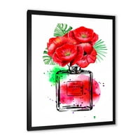 עיצוב 'שאנל בושם חמש עם פרחים אדומים' הדפס אמנות מודרני ממוסגר
