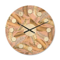 עיצוב 'דפוס עלים טרופיים מוזהבים, V' שעון קיר עץ מודרני של אמצע המאה