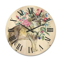 עיצוב 'זאב עם פרחי יערות על שעון קיר מעץ לבן' לבן