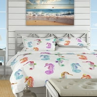 עיצוב אמנות 'דפוס עם סוסי ים צבעוניים' ימי & החוף שמיכה כיסוי סט