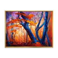אמנות עיצוב 'צלליות כחולות מופשטות של עצים ביער סתיו כתום' בית חווה הדפסת אמנות קיר בד ממוסגר